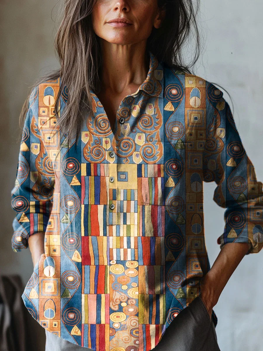 Cara - Women's Abstract Geometric Pattern Art Print Casual Cotton And Linen 3/4 Sleeve Shirt