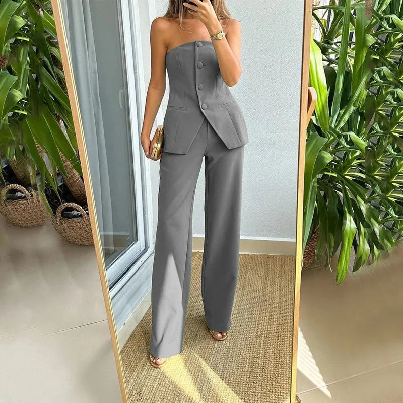 BRIA - Chic Strapless Buttoned Two-Piece Ensemble