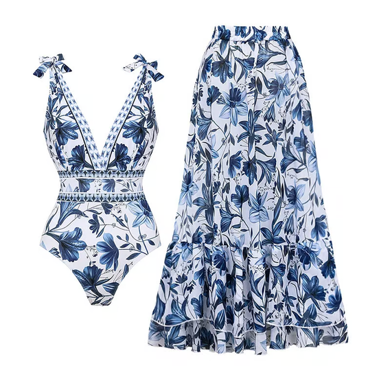 Cari - V Neck Floral Print One-Piece Swimsuit Set