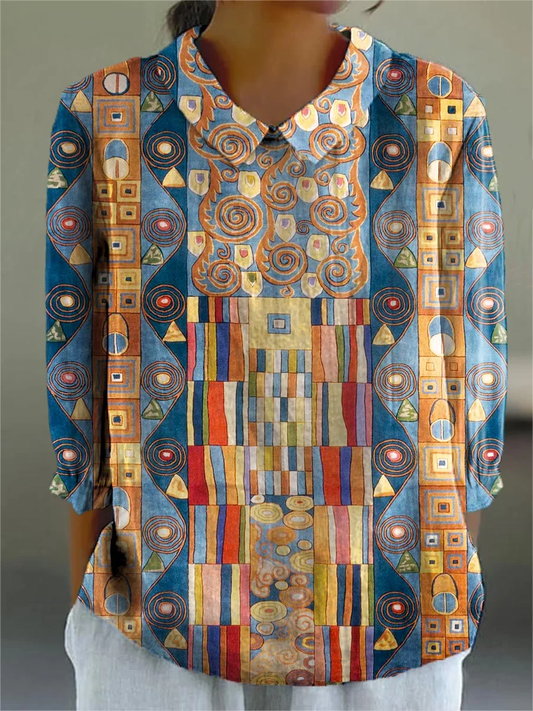 Cara - Women's Abstract Geometric Pattern Art Print Casual Cotton And Linen 3/4 Sleeve Shirt