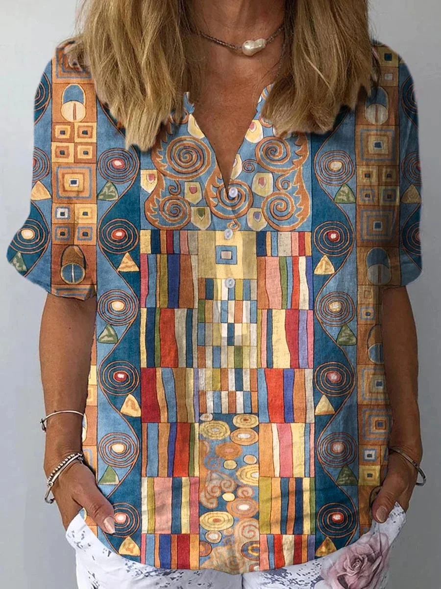 Cara - Women's Abstract Geometric Pattern Art Print Casual Cotton And Linen 3/4 Sleeve Shirt