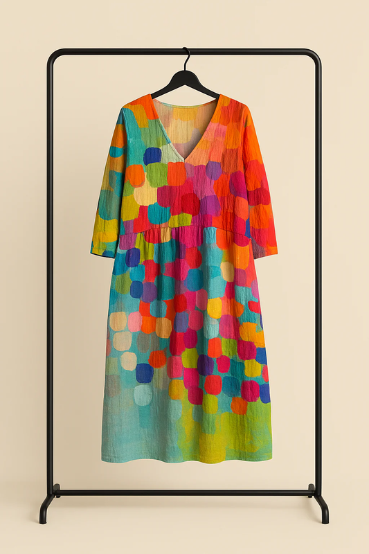 Jordine - Colorful dress with V-neckline in premium fabric